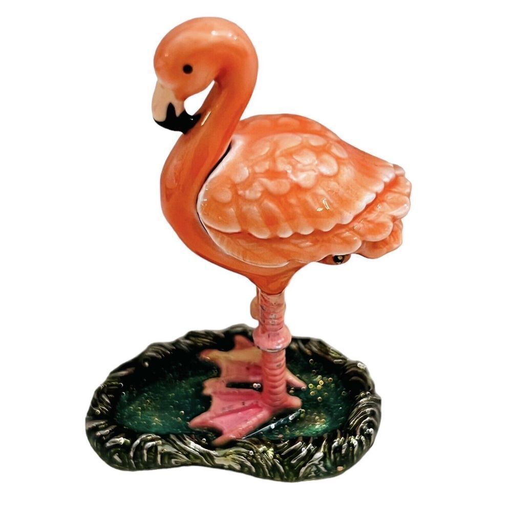 Vintage Monet Keepsake Pink Flamingo Enamel Collectible Mini Hinged Trinket Box